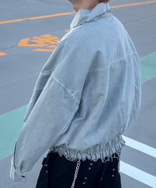 XU（エックスユー）の「ストリートファッション XU エックスユー fringe pigment zip up jacket オーバーサイズ シンプルジャケット ギャザー 長袖トップス 長袖ジャケット ダメージカラー 羽織り 韓国ファッション 韓国ストリート（ブルゾン・メンズ・グレー/ダークグレー・ONE SIZE）」の15枚目の写真