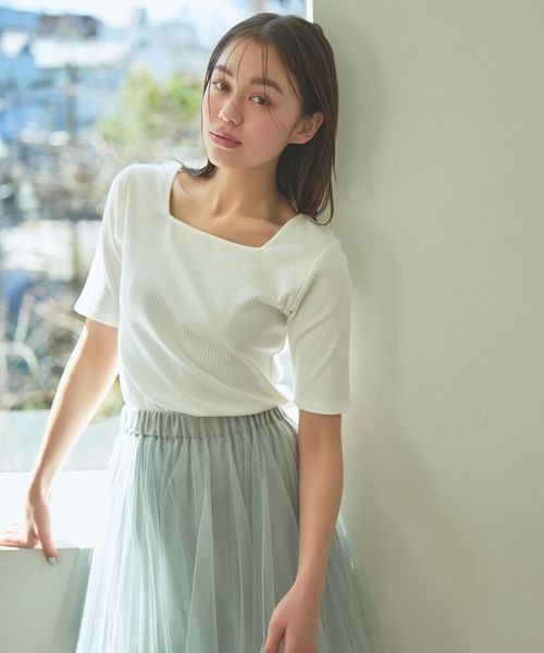 mysty woman(ミスティウーマン)の「テレコ2WAY半袖インナープルオーバー 118760(Tシャツ/カットソー・レディース・オフホワイト/ライトグレー/ブラック・FREE)」の1枚目の写真