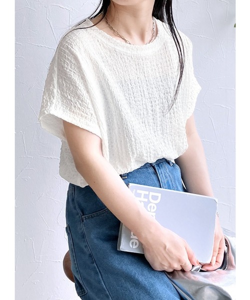 reca(レカ)の「カットシャーリングデザインフレンチスリーブTシャツ(Tシャツ/カットソー・レディース・ホワイト/グリーン/ラベンダー/ブラック・FREE)」の1枚目の写真