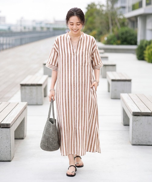 STYLE DELI(スタイルデリ)の「綿混紡ストライプ柄カフタンワンピース(ワンピース・レディース・ネイビー/ライトブラウン・MEDIUM/SMALL)」の5枚目の写真