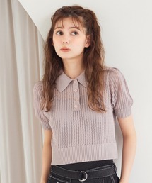 シアークロップドポロニットトップス