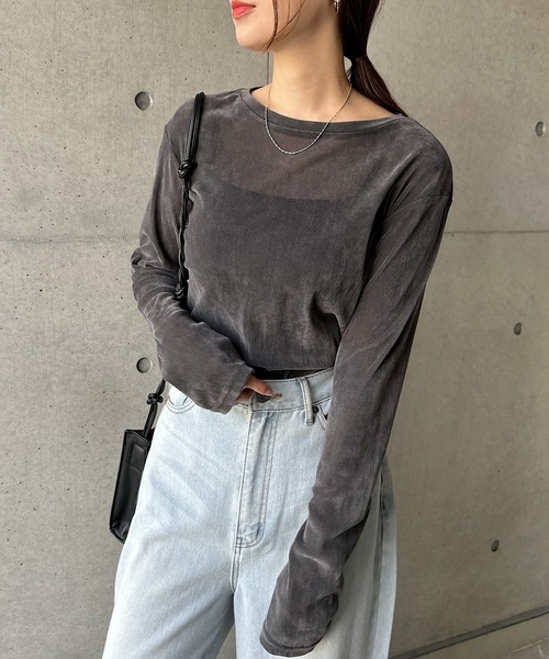 セール】【新色追加】ベロアチュールクルーネック長袖トップス（T