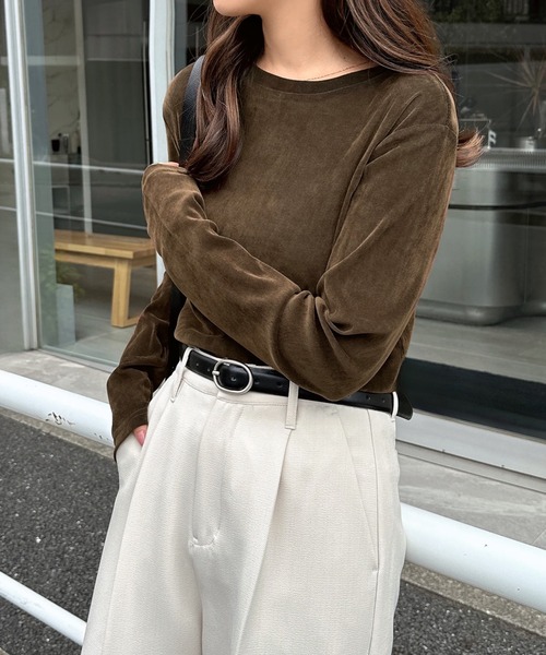 セール】【新色追加】ベロアチュールクルーネック長袖トップス（T