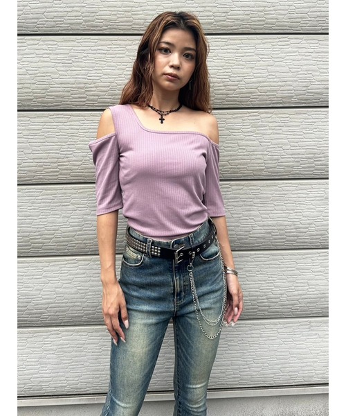 EGOIST（エゴイスト）の「アシメデザインカットリブTOP（Tシャツ/カットソー・レディース・ブラック/カーキ/パープル・FREE）」の3枚目の写真