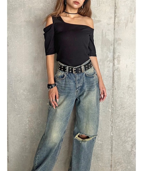 EGOIST（エゴイスト）の「アシメデザインカットリブTOP（Tシャツ/カットソー・レディース・ブラック/カーキ/パープル・FREE）」の4枚目の写真