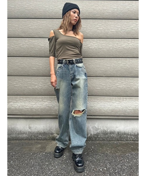 EGOIST（エゴイスト）の「アシメデザインカットリブTOP（Tシャツ/カットソー・レディース・ブラック/カーキ/パープル・FREE）」の14枚目の写真