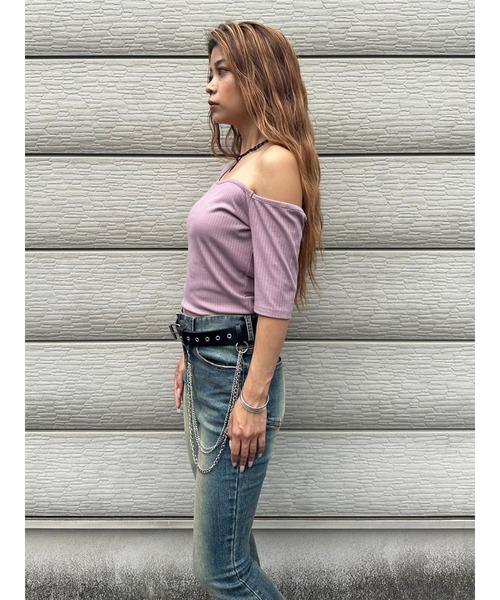 EGOIST（エゴイスト）の「アシメデザインカットリブTOP（Tシャツ/カットソー・レディース・ブラック/カーキ/パープル・FREE）」の16枚目の写真