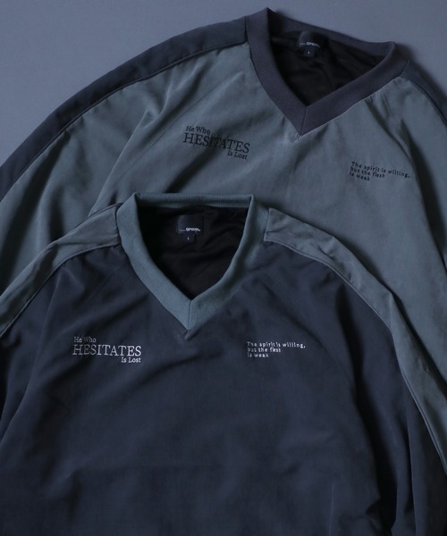 ANPAS（アンパス）の「Nylon Fabric Logo Embroidery Pullover/ナイロン ゲームシャツ スウェット トップス ユニフォーム Ｖネック オーバーサイズ（ナイロンジャケット・メンズ・カーキ/チャコール・M/L）」の9枚目の写真