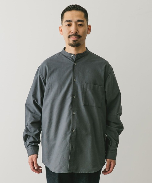 HUIS コットン　バンドカラー　シャツ　ダークグリーン HUIS コットン バンドカラー シャツ ダークグリーン