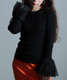 Sawa a la mode | 異素材チュールフレア袖リブニット(ニット/セーター)