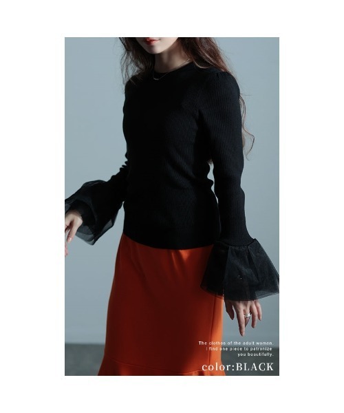 Sawa a la mode（サワアラモード）の「異素材チュールフレア袖リブニット（ニット/セーター・レディース・ベージュ/ブラック/ブルー・FREE）」の17枚目の写真