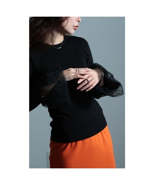 Sawa a la mode（サワアラモード）の「異素材チュールフレア袖リブニット（ニット/セーター・レディース・ベージュ/ブラック/ブルー・FREE）」の19枚目の写真