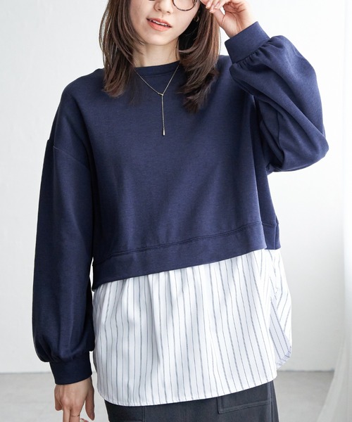 ikka(イッカ)の「ポンチ切り替えレイヤードプルオーバー(Tシャツ/カットソー・レディース・ベージュ/ネイビー/ミント・M/L/S)」の1枚目の写真