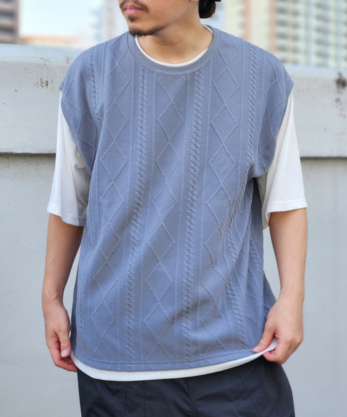 ikka(イッカ)の「フクレジャカードフェイクベストTシャツ(Tシャツ/カットソー・メンズ・エメラルドブルー/ピンク/グリーン/ネイビー/ベージュ・S/M/L/XL)」の3枚目の写真