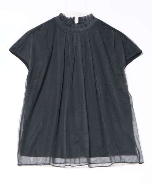 m.f.editorial（エムエフエディトリアル）の「【ストレッチ ウォッシャブル】m.f.エディトリアル レディース チュール ギャザーネック半袖プルオーバー（Tシャツ/カットソー・レディース・ネイビー/ライトグレー・MEDIUM/LARGE）」の4枚目の写真