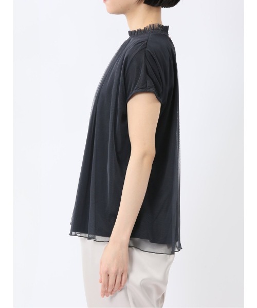 m.f.editorial（エムエフエディトリアル）の「【ストレッチ ウォッシャブル】m.f.エディトリアル レディース チュール ギャザーネック半袖プルオーバー（Tシャツ/カットソー・レディース・ネイビー/ライトグレー・MEDIUM/LARGE）」の6枚目の写真