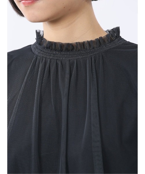 m.f.editorial（エムエフエディトリアル）の「【ストレッチ ウォッシャブル】m.f.エディトリアル レディース チュール ギャザーネック半袖プルオーバー（Tシャツ/カットソー・レディース・ネイビー/ライトグレー・MEDIUM/LARGE）」の8枚目の写真