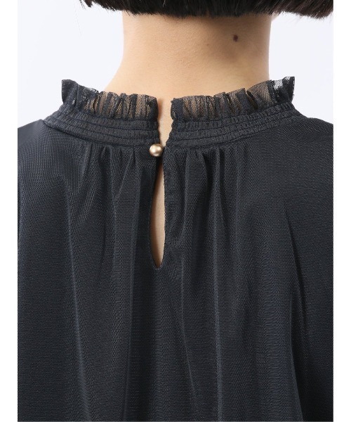 m.f.editorial（エムエフエディトリアル）の「【ストレッチ ウォッシャブル】m.f.エディトリアル レディース チュール ギャザーネック半袖プルオーバー（Tシャツ/カットソー・レディース・ネイビー/ライトグレー・MEDIUM/LARGE）」の9枚目の写真