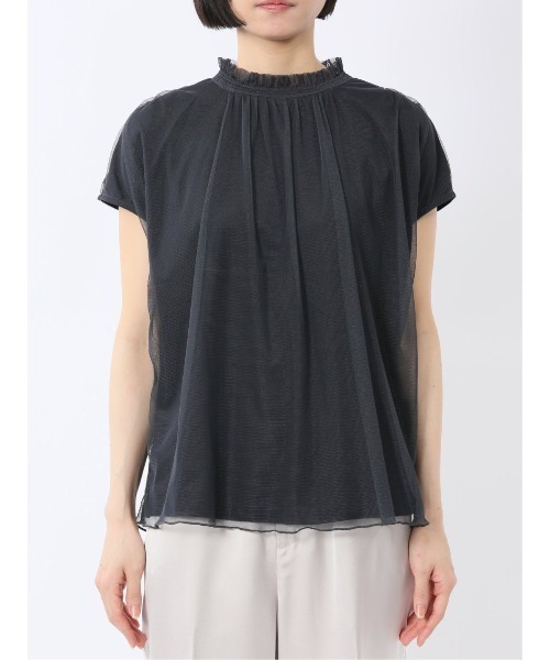 m.f.editorial（エムエフエディトリアル）の「【ストレッチ ウォッシャブル】m.f.エディトリアル レディース チュール ギャザーネック半袖プルオーバー（Tシャツ/カットソー・レディース・ネイビー/ライトグレー・MEDIUM/LARGE）」の5枚目の写真