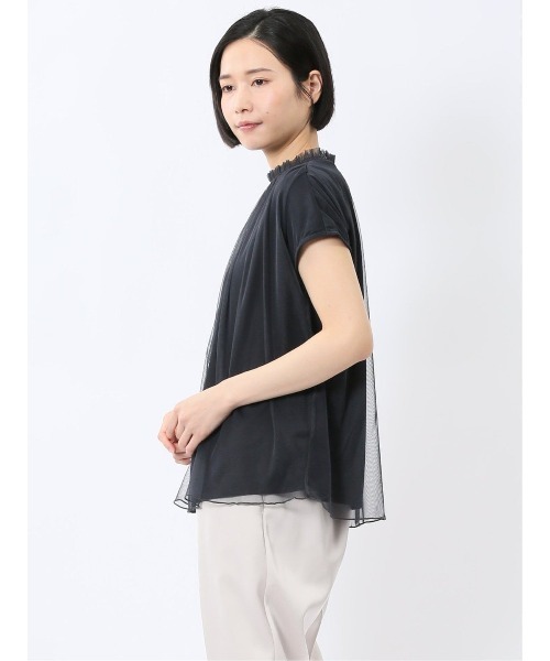 m.f.editorial（エムエフエディトリアル）の「【ストレッチ ウォッシャブル】m.f.エディトリアル レディース チュール ギャザーネック半袖プルオーバー（Tシャツ/カットソー・レディース・ネイビー/ライトグレー・MEDIUM/LARGE）」の12枚目の写真