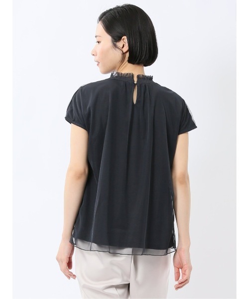 m.f.editorial（エムエフエディトリアル）の「【ストレッチ ウォッシャブル】m.f.エディトリアル レディース チュール ギャザーネック半袖プルオーバー（Tシャツ/カットソー・レディース・ネイビー/ライトグレー・MEDIUM/LARGE）」の13枚目の写真