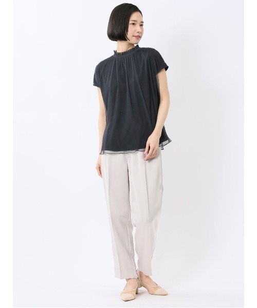 m.f.editorial（エムエフエディトリアル）の「【ストレッチ ウォッシャブル】m.f.エディトリアル レディース チュール ギャザーネック半袖プルオーバー（Tシャツ/カットソー・レディース・ネイビー/ライトグレー・MEDIUM/LARGE）」の15枚目の写真