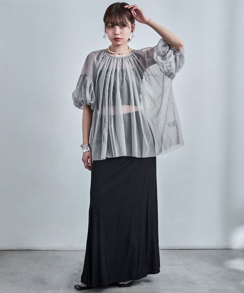 Fashion Letter（ファッションレター）の「チュールギャザー5分袖ブラウス（シャツ/ブラウス・レディース・アイボリー/ブラック/グレー/チャコールグレー・M）」の18枚目の写真