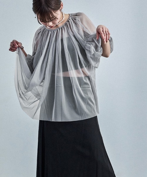 Fashion Letter（ファッションレター）の「チュールギャザー5分袖ブラウス（シャツ/ブラウス・レディース・アイボリー/ブラック/グレー/チャコールグレー・M）」の21枚目の写真