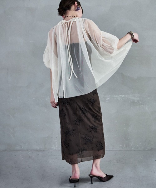 Fashion Letter（ファッションレター）の「チュールギャザー5分袖ブラウス（シャツ/ブラウス・レディース・アイボリー/ブラック/グレー/チャコールグレー・M）」の9枚目の写真