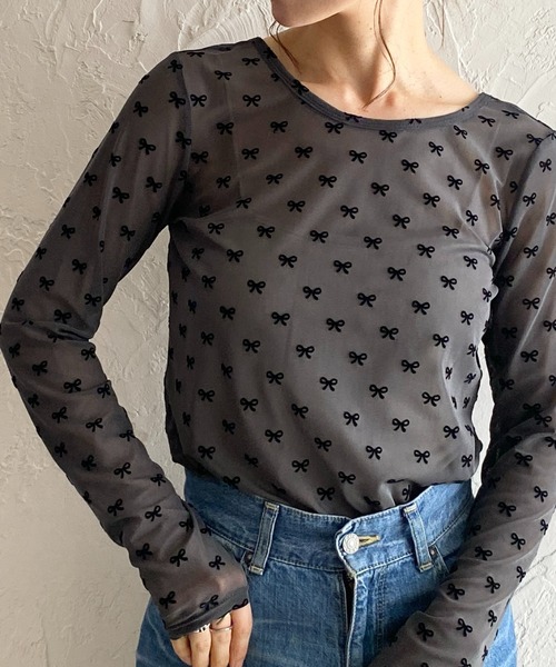 リッキー セール】フロッキーリボンクルーネック長袖シースルー/シアーロングT