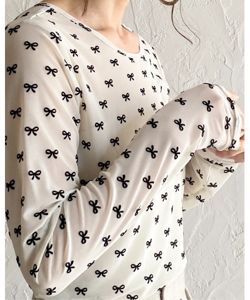 ♦♣フロッキードット柄シースルー袖プルオーバー（ホワイト） DISCOAT（ディスコート）の「【WEB限定】シアーフロッキードットプル