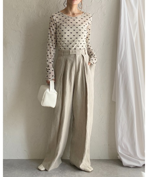 She's Closet（シーズクローゼット）の「フロッキーリボンクルーネック長袖シースルー/シアーロングTシャツカットソートップス（Tシャツ/カットソー・レディース・ブラック/グレー/アイボリー・FREE）」の11枚目の写真