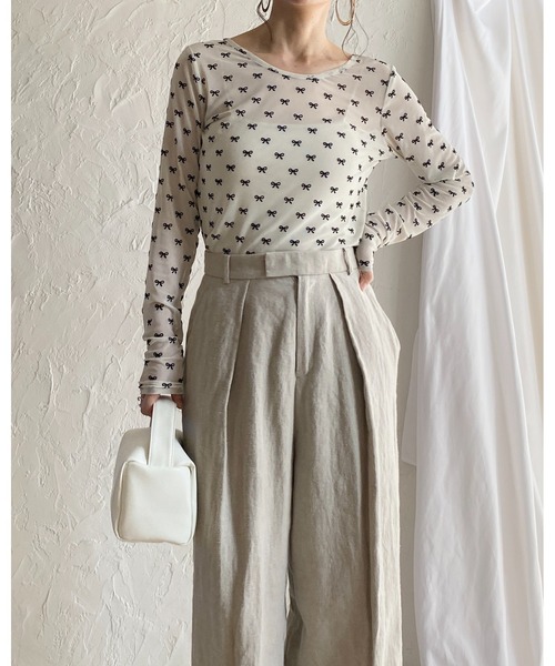 She's Closet（シーズクローゼット）の「フロッキーリボンクルーネック長袖シースルー/シアーロングTシャツカットソートップス（Tシャツ/カットソー・レディース・ブラック/グレー/アイボリー・FREE）」の12枚目の写真
