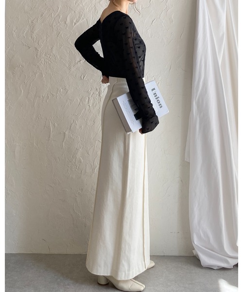 セール】フロッキーリボンクルーネック長袖シースルー/シアーロングT