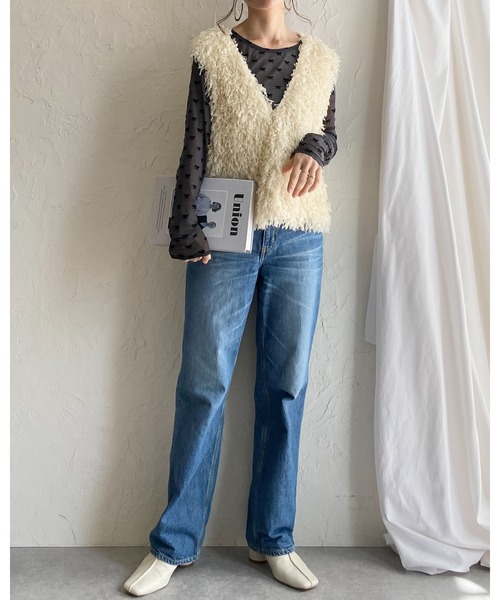 She's Closet（シーズクローゼット）の「フロッキーリボンクルーネック長袖シースルー/シアーロングTシャツカットソートップス（Tシャツ/カットソー・レディース・ブラック/グレー/アイボリー・FREE）」の21枚目の写真