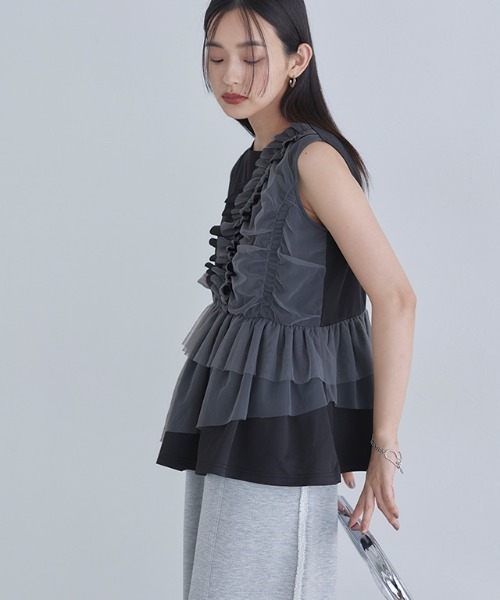 ECLAM(クラム)の「チュール フリル ノースリーブ プルオーバー(Tシャツ/カットソー・レディース・ブラック×グレー/ブラック×ブラック・M)」の15枚目の写真