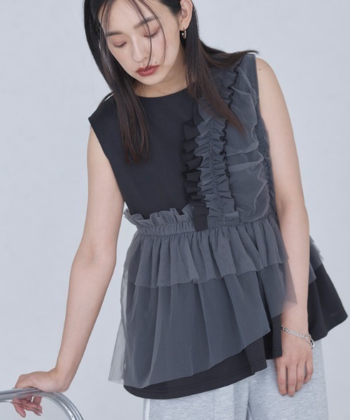 ECLAM(クラム)の「チュール フリル ノースリーブ プルオーバー(Tシャツ/カットソー・レディース・ブラック×グレー/ブラック×ブラック・M)」の16枚目の写真