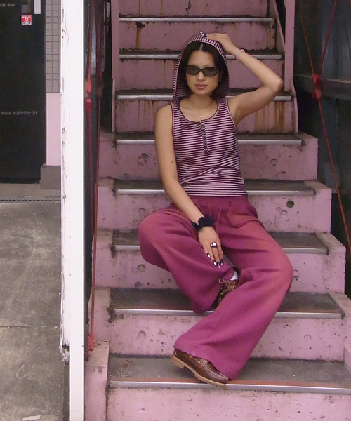 Oriens JOURNAL STANDARD（オリエンス ジャーナルスタンダード）の「《追加》ボーダーフーディー タンクトップ（タンクトップ・レディース・ブラック/ピンク・FREE）」の2枚目の写真