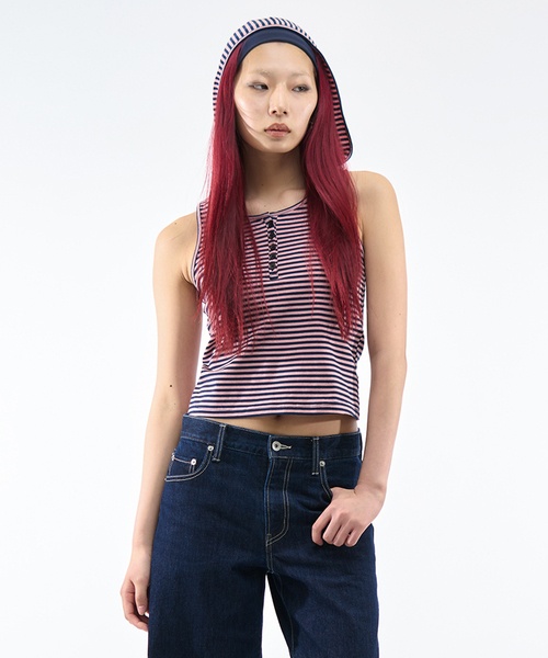 Oriens JOURNAL STANDARD（オリエンス ジャーナルスタンダード）の「《追加》ボーダーフーディー タンクトップ（タンクトップ・レディース・ブラック/ピンク・FREE）」の9枚目の写真