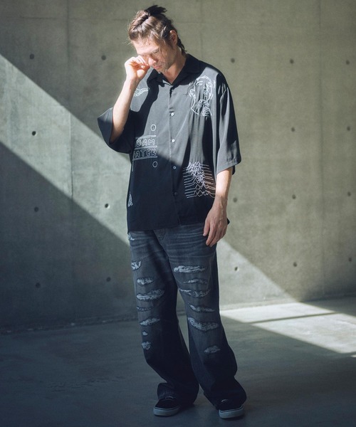 ADAMPATEK/mad embroidery short sleeve shirt/刺繍入りドレープ