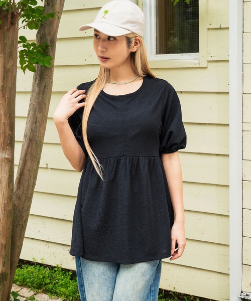 anap mimpi（アナップミンピ）の「フクレ接結カットソー ペプラムプルオーバートップス（Tシャツ/カットソー・レディース・ピンク/アイボリー/ブラック・FREE）」の8枚目の写真