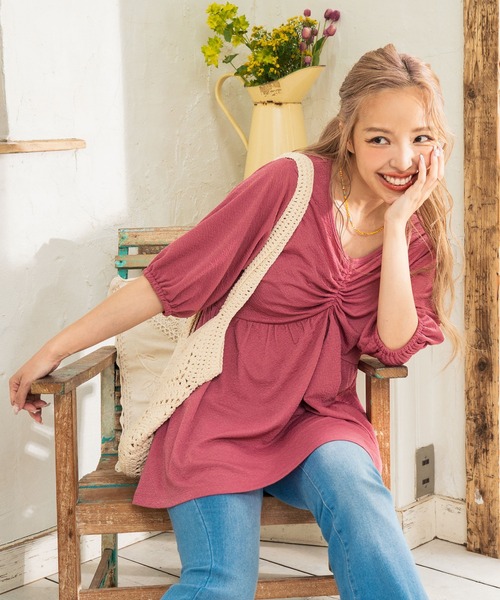 anap mimpi（アナップミンピ）の「フクレ接結カットソー ペプラムプルオーバートップス（Tシャツ/カットソー・レディース・ピンク/アイボリー/ブラック・FREE）」の13枚目の写真