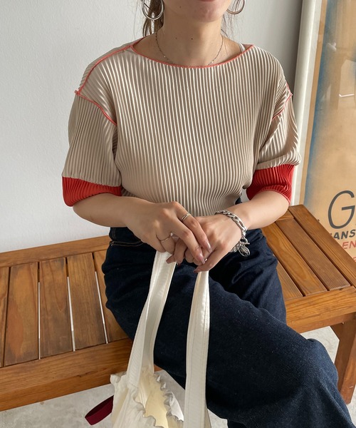 210nouve(トゥージュヌーブ)の「袖 配色 プリーツ ボートネック トップス(Tシャツ/カットソー・レディース・ブラック/アイボリー/ベージュ/グレー・FREE)」の18枚目の写真
