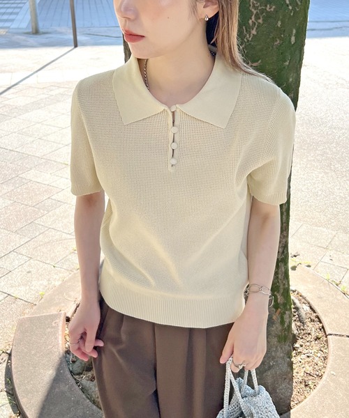 ABYS（アビス）の「サマーポロニット（ニット/セーター・レディース・ネイビー/アイボリー/カーキ・FREE）」の2枚目の写真
