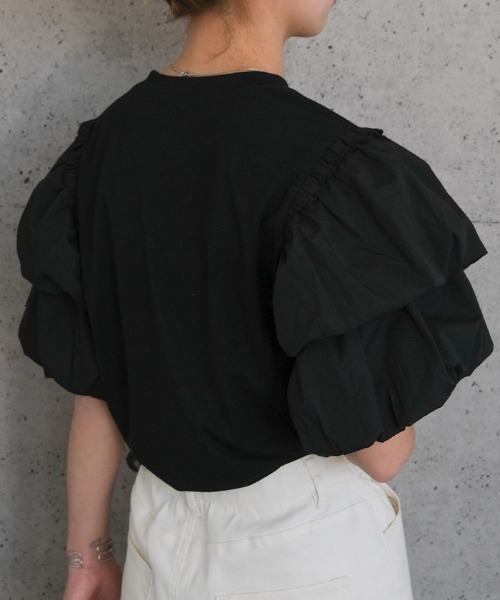 aquagarage(アクアガレージ)の「ダブルフリル袖異素材カットソー(Tシャツ/カットソー・レディース・ホワイト/ブラック・M/L)」の4枚目の写真