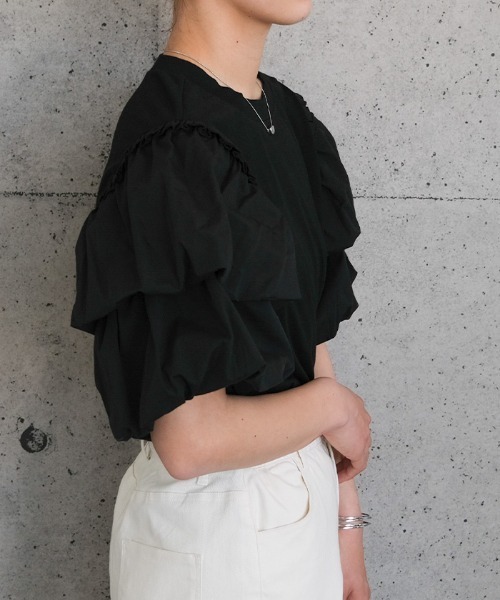 aquagarage(アクアガレージ)の「ダブルフリル袖異素材カットソー(Tシャツ/カットソー・レディース・ホワイト/ブラック・M/L)」の5枚目の写真