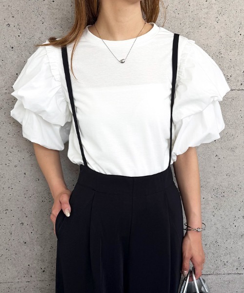 aquagarage(アクアガレージ)の「ダブルフリル袖異素材カットソー(Tシャツ/カットソー・レディース・ホワイト/ブラック・M/L)」の12枚目の写真