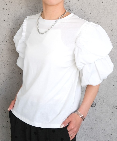aquagarage(アクアガレージ)の「ダブルフリル袖異素材カットソー(Tシャツ/カットソー・レディース・ホワイト/ブラック・M/L)」の13枚目の写真