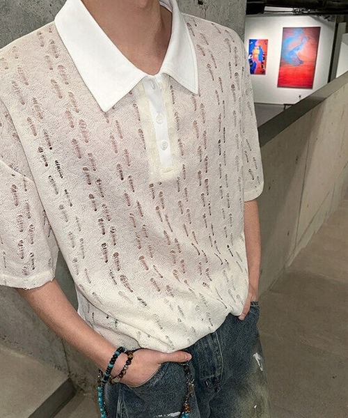 ROOPTOKYO(ループトウキョウ)の「シアー半袖ポロシャツ(Tシャツ/カットソー・メンズ・ダークグレー/アイボリー/ブラック・L/M)」の2枚目の写真