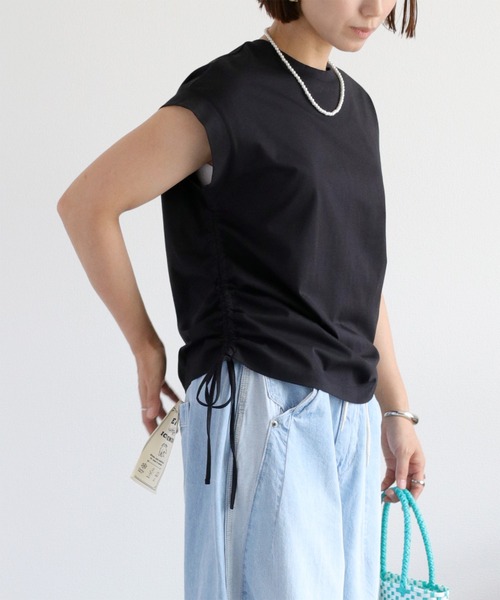 cepo（セポ）の「〈さらっと涼しい、シルキータッチ♪〉シルケットスソドロストノースリーブTee（Tシャツ/カットソー・レディース・ブラック/オフホワイト/ブラウン・M）」の2枚目の写真